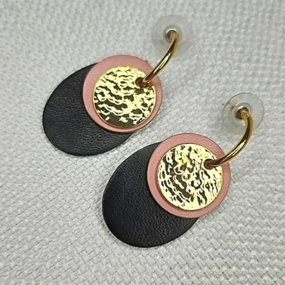 Stella & Dot Color Block Versatile Gold Leather Hoop Interchangeable Earrings - Picture 1 of 10